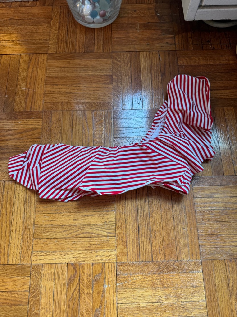 Calzedonia Red and White Striped Ruffle One-Shoulder Bathing suit Top